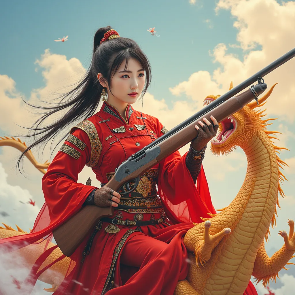 high quality,4K,Exquisite detail,18 years old Oriental Girl,Red Armor ,Handheld Ancient Long Shotgun,Ride the Golden Chinese Mythical Dragon,Dragonfly,Clouds in the sky,Realistic Light and Shadow,Professional drawing,Color Saturation, Sunny ,B-cup chest,Sp...