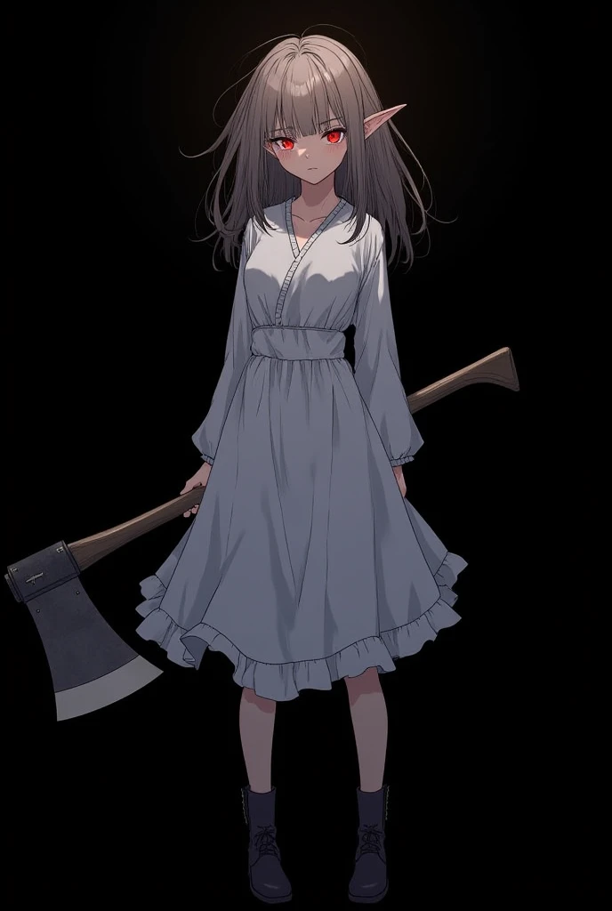 A woman she wears a red-eyed dress she wears a white-blue dress, And she wears dark-colored boots on her feet, she has big and messy light brown hair, Her face is emotionless and without life,She has an elf's ear,She's holding a huge axe, anime , wallpaper...