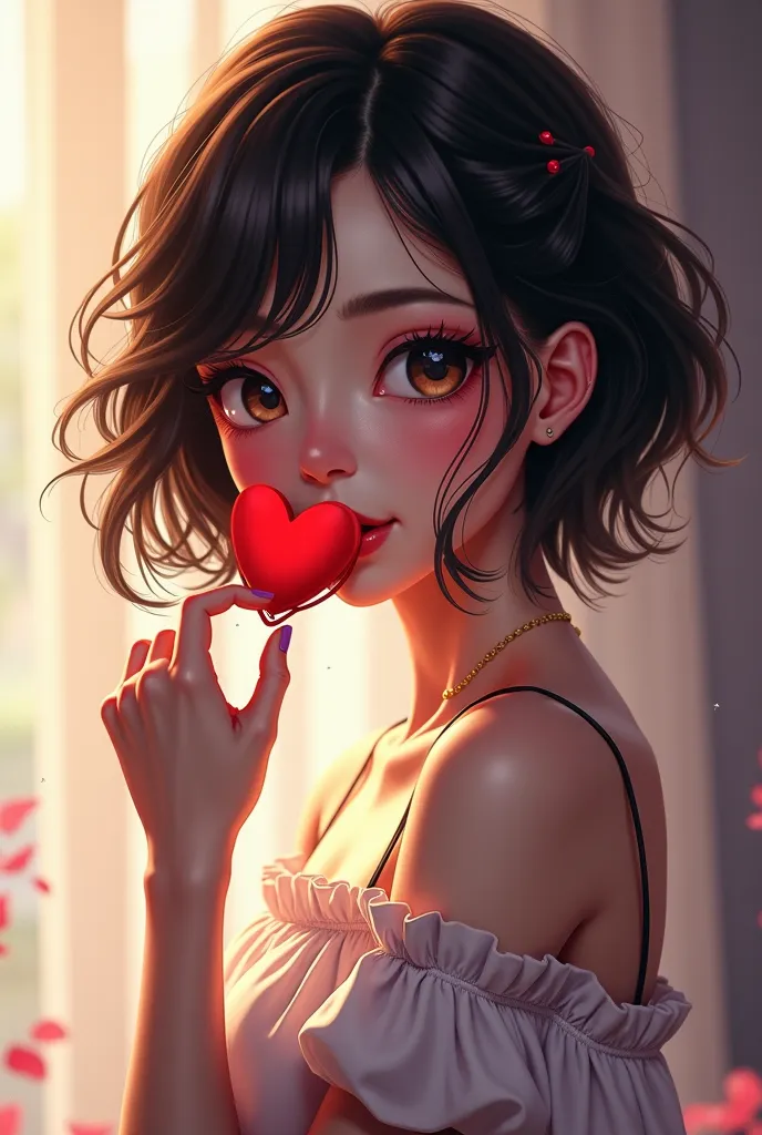 Beautiful girl with long wavy hair,  short dress, short cut , holding a heart-shaped pacifier looking at us eagerly.