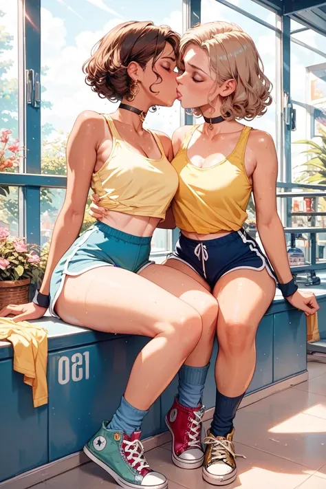 Beautiful Hispanic woman, tan, thick legs, long blue socks, converse shoes, gym shorts, yellow tank top crop top, curly short brown hair, choker, sweating, kissing a beautiful pale blond woman, lesbian sex