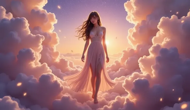 A surreal dreamscape with swirling clouds in shades of purple and orange, illuminated by a glowing, starry sky. A beautiful, sexy woman with long flowing hair appears, her dress made of delicate, translucent fabric, floating gracefully in the air. Her fier...