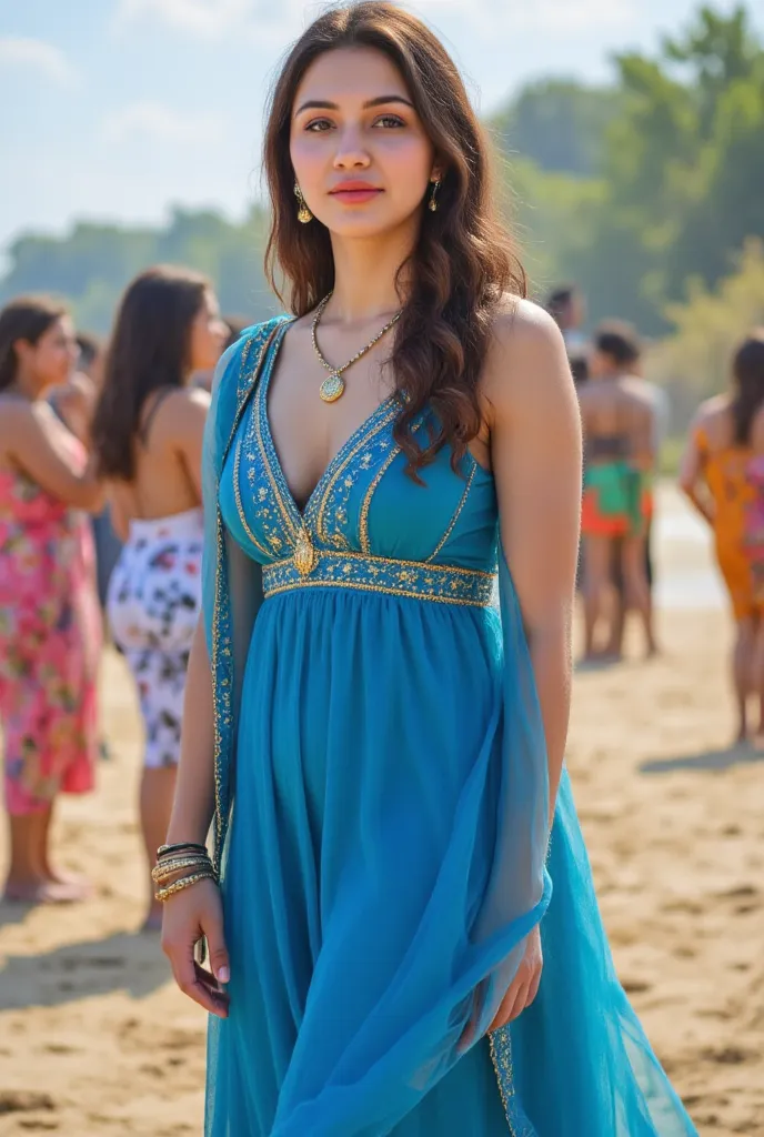 24 year girl in Indian village not modern village rural vibe wearing blue gujrati dress on Goa beach in front of foreign tourists with smile on face 8k