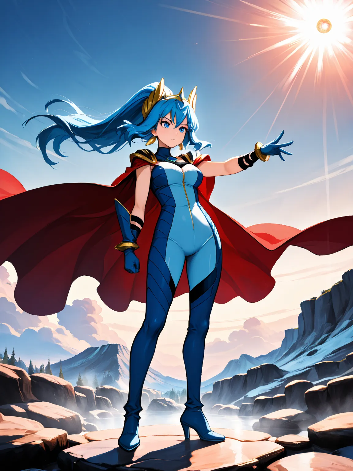 1girl, clair, blue hair, blue eyes, ponytail, bangs, long hair, hair between eyes, earrings, floating hair, cape, blue bodysuit, blue gloves, blue boots, high heel boots, 8k, Obra maestra, mejor calidad, ultra detallado, detalles intrincados, hiper calidad...