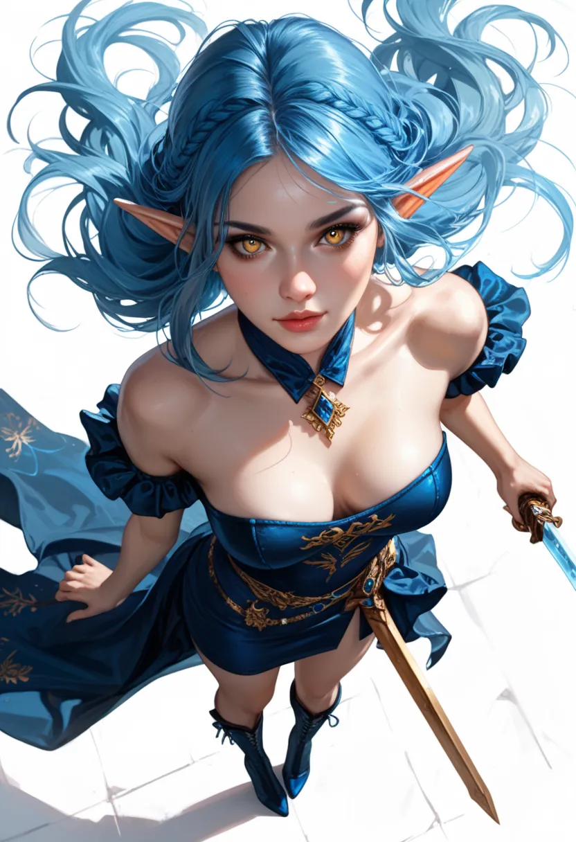 top view, top view, from above, realistic, rpg, dnd token, fantasy, a female elf (pale skin) with long ice blue hair and gold eyes in a dark blue strapless dress, wearing blue high heels boots, using a short sword, standing, character looking down, top vie...