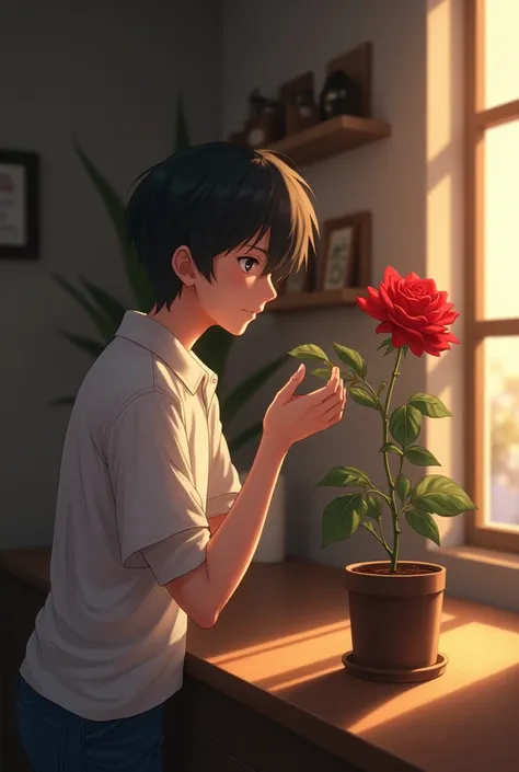 Create an anime image,a male hand holding a red rose that he took from a pot that has no soil with just several roses,But he took one that was on the coffee counter in the evening