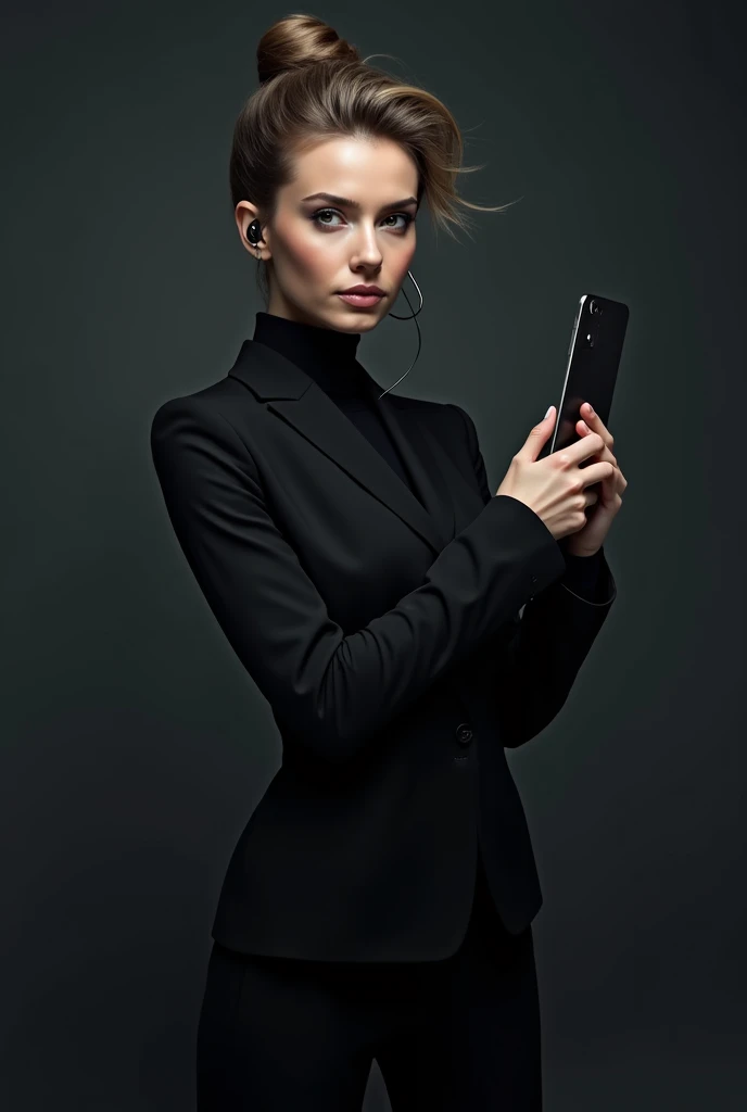 A woman with a sophisticated and mysterious look, wearing a tight and elegant black suit, similar to that of a secret agent. Do you have a discreet headset in your ear.  Her hair is impeccably tidy , that may be a bun or loose with light waves. The pose co...