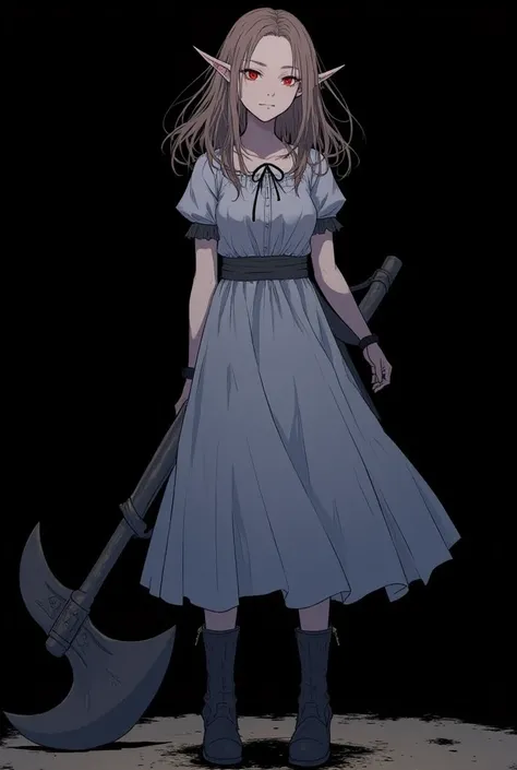 A woman she wears a red-eyed dress she wears a white-blue dress, And she wears dark-colored boots on her feet, she has big and messy light brown hair, Her face is emotionless and without life,She has an elf's ear,She's holding a huge axe, anime , wallpaper...