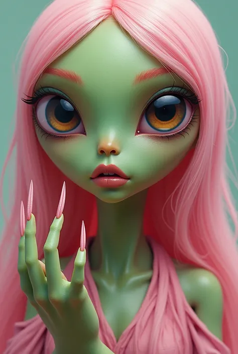 draw an alien with big eyes and big lips , Green color , in a pink dress with long pink nails and add her long pink hair
Lips that are very big . the eyebrows are pink as well as the hair 