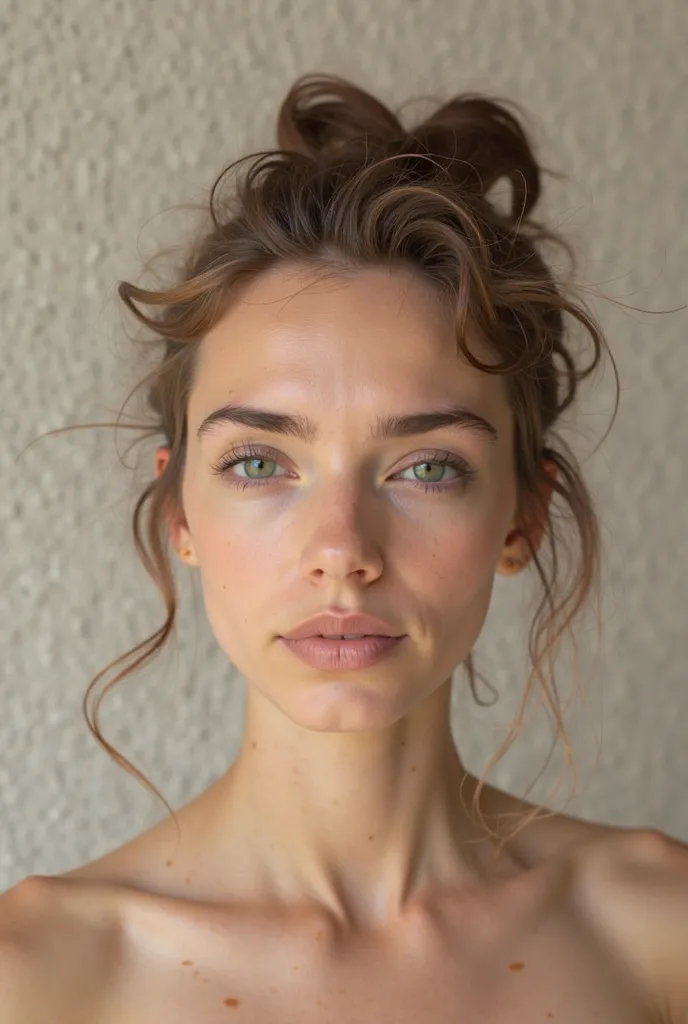 A portrait of a model with hair in transition, showing some hair strands slowly detaching from the scalp. The hair texture is slightly altered, indicating a stage of change. The background is soft and neutral, emphasizing the natural process of hair going ...