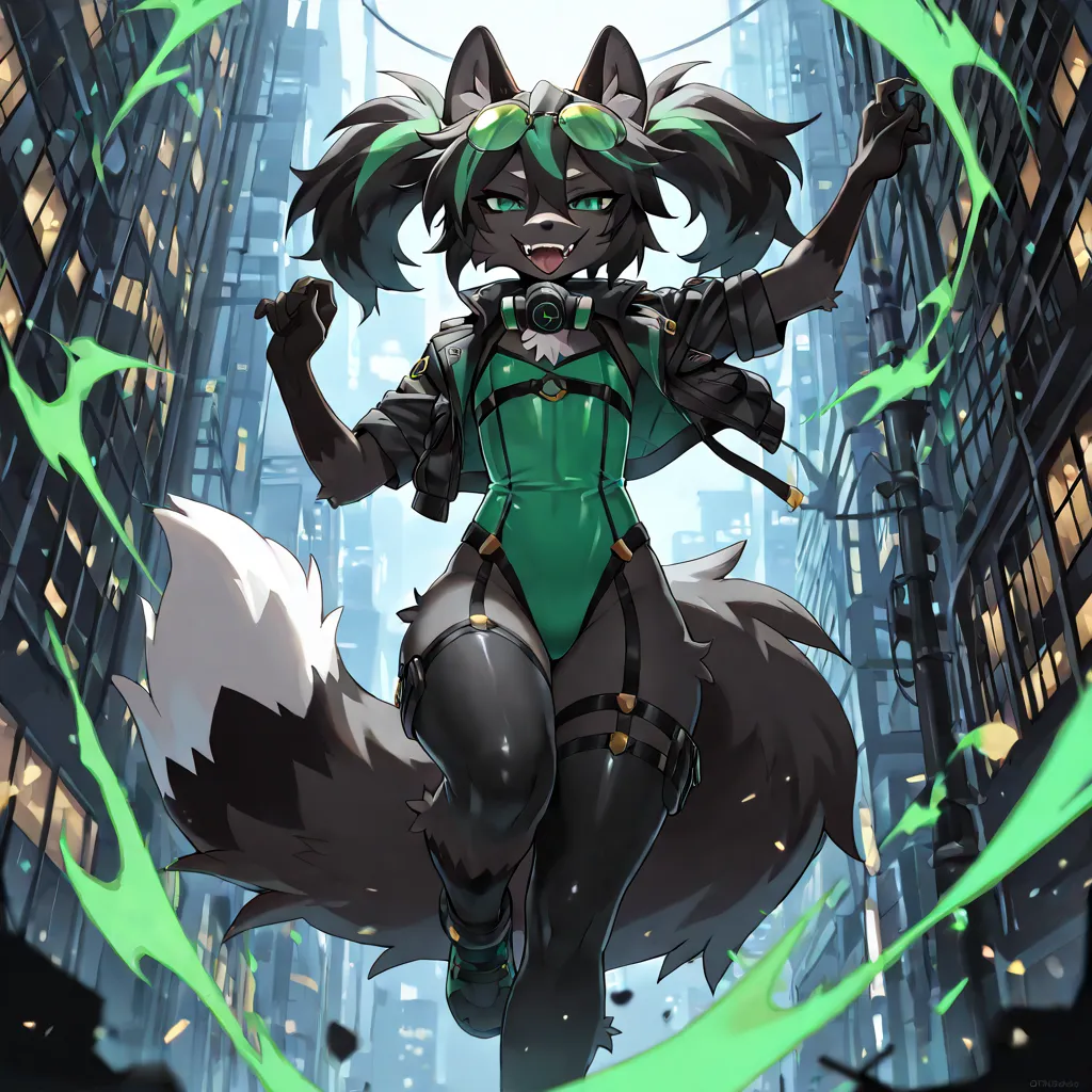 (Masterpiece, best quality:1.2), night, city scenery, dark lighting, detailed shadows, looking at viewer, BREAK, 1girl, mature, curvy, jumping, in air, fox ears, fluffy fox tail, (black fox furry, fox furry female:1.4), black fur, short, (thick thighs:0.8)...