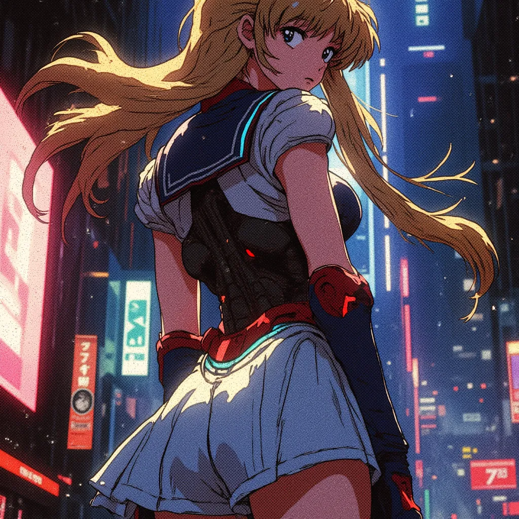 A cinematic digital illustration of a cyberpunk version of Sailor Moon standing with her back to the camera, turning her head slightly over her shoulder with a confident and mysterious expression, styled with a hentai-inspired aesthetic. She wears a futuri...