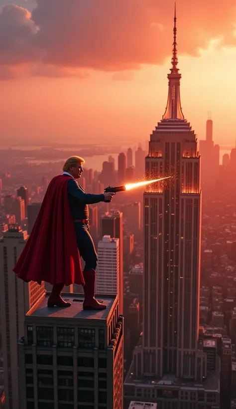 On top of the Empire State Building, Trump, in a golden suit, wields a futuristic "policy blaster," while Superman dodges and prepares a counterattack with his heat vision. The sky glows red from the energy of their battle.