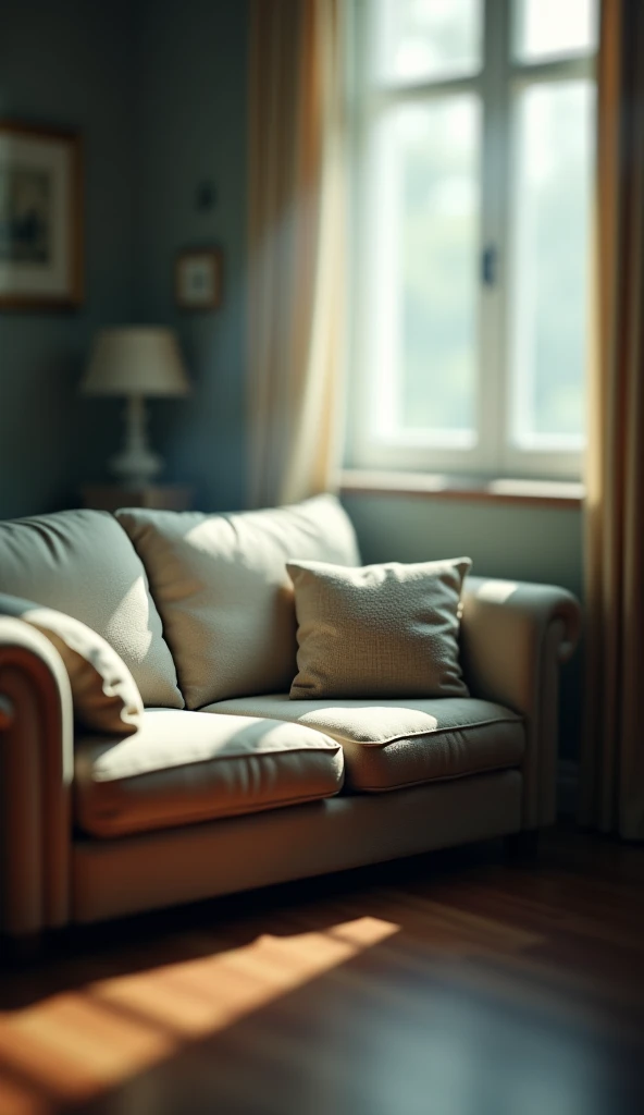 A sofa in a blurry room. 