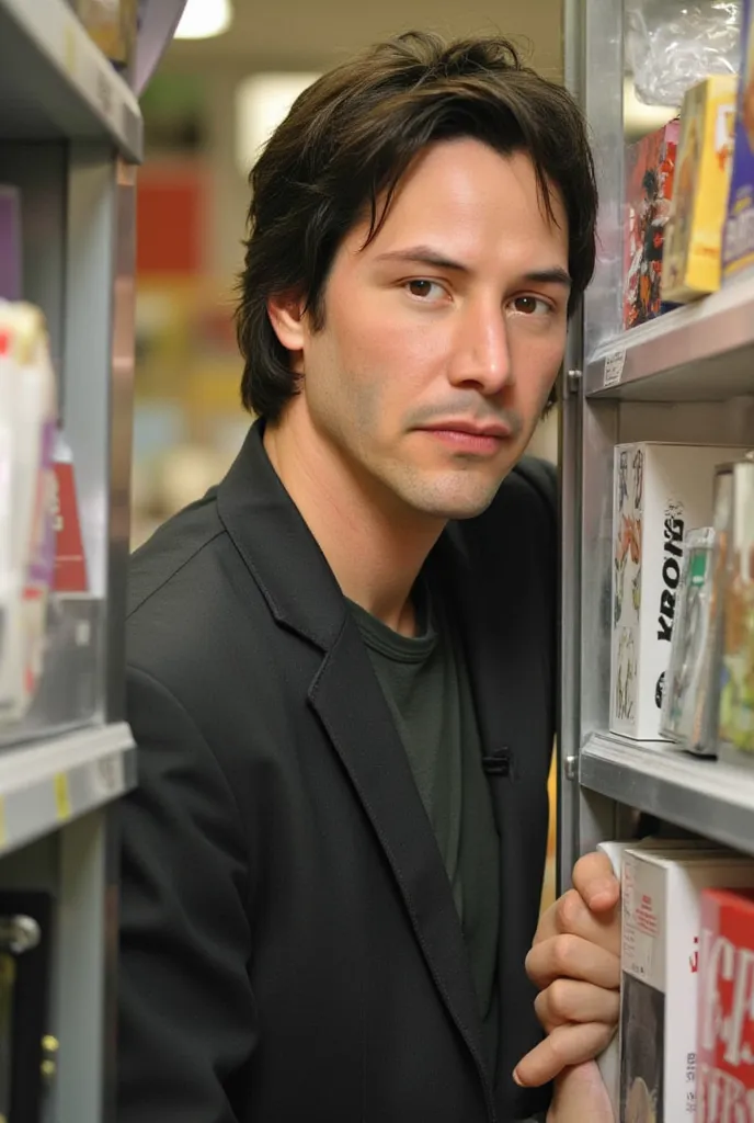 ultra-realistic image of a man in simple clothing standing between the shelves of a store. He is peeking out from behind a counter and looking to the side. Capture the details of the store environment, including the shelves and merchandise around him.