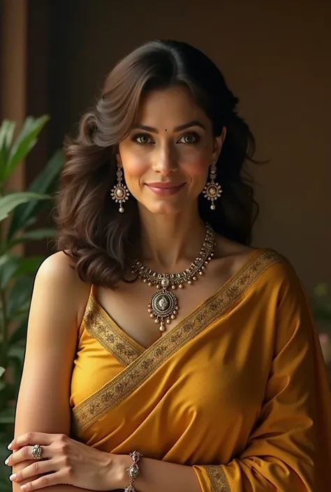 A middle-aged, sophisticated woman in an expensive golden saree and a full-sleeve blouse. She has a plush, curvy figure and shows plenty of cleavage. She wears jewelry. She has a mysterious smile. Her skin is fair. Her dark, silky hair is tied in a decorat...