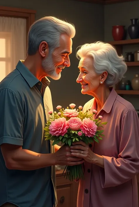 the man give flowers to his old mother