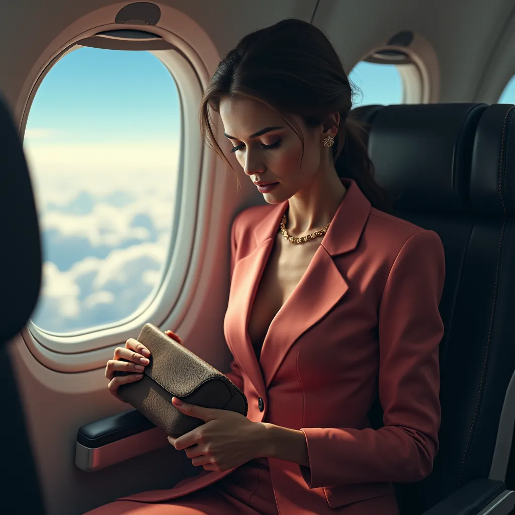 a woman is sitting on an airplane and holding a purse with money in her hands