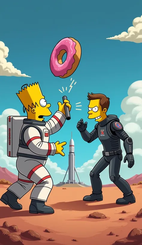 On a SpaceX launchpad, Homer, wearing an ill-fitting astronaut suit, swings a giant donut at Musk, who counters with a high-tech Tesla-powered exoskeleton. Sparks fly as the battle determines who gets the last seat on the Mars mission.