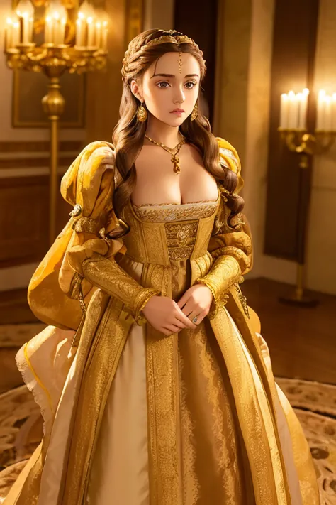 A beautiful young lady with golden brown hair with the sides in a crown braid and the rest of the hair in waves and brown eyes. She wears a Italian Renaissance style amber colored velvet gown with bell sleeves over tight silver satin sleeves embroidered wi...