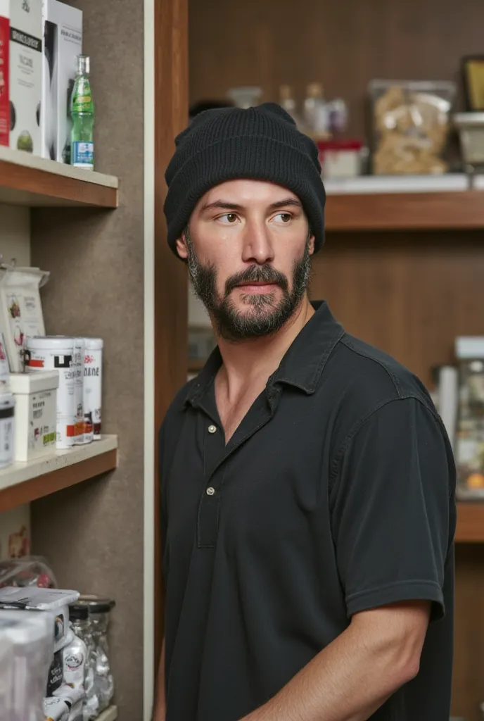 ultra-realistic image of a bearded man in simple clothing standing between the shelves of a store. He is peeking out from behind a counter with a wary expression, looking to the side. Capture the details of the store environment, including the shelves and ...