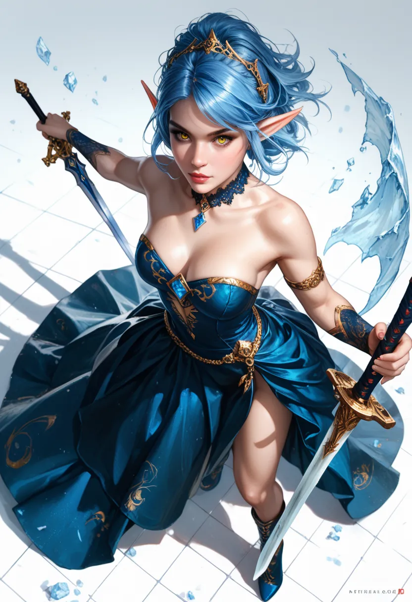 top view, top view, from above, realistic, rpg, dnd token, fantasy, a female elf (pale skin) with long ice blue hair and gold eyes in a dark blue strapless dress, wearing blue high heels boots, using a sword, standing, character looking down, top view, top...