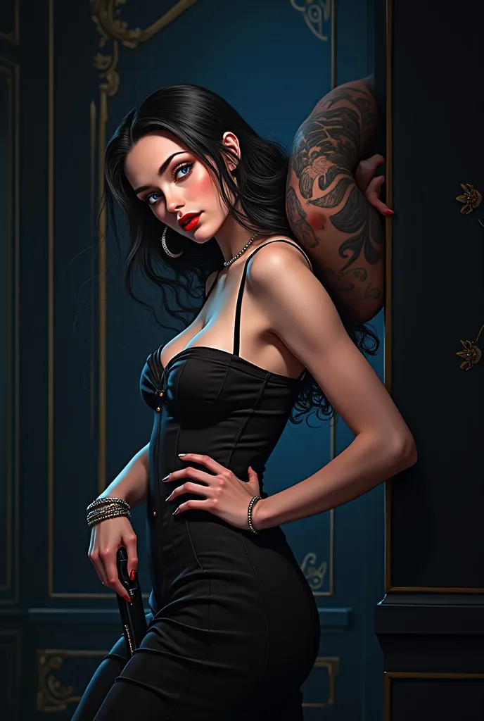   beautiful young woman , long black hair , Eyes azules elestiales , pale white skin tone ,porcelain skin,Thick red lips, dominant look, rostro  beautiful y perfecto , wears a tight long black corset dress with thin straps, big breasts, wide hips,wide wais...