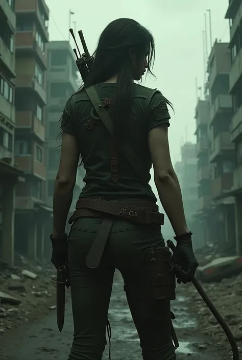 female characters in the post-World War background, แรงบันดาลใจจากเกม 7 Days to Die.  . She is equipped with a medium hide armor ., matching the appearance of the survivor .  . The surrounding scenery shows the destroyed urban environment. ,  with destroye...