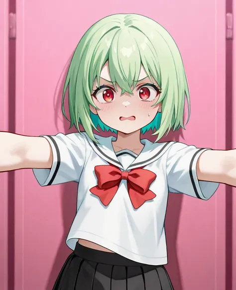 A young anime female character, likely in her s, is depicted in a distressed pose.  She has long, vibrant green hair, and a light complexion.  She is wearing a white sailor-style top with a large red bow and a short black skirt.  Underneath, she wears whit...