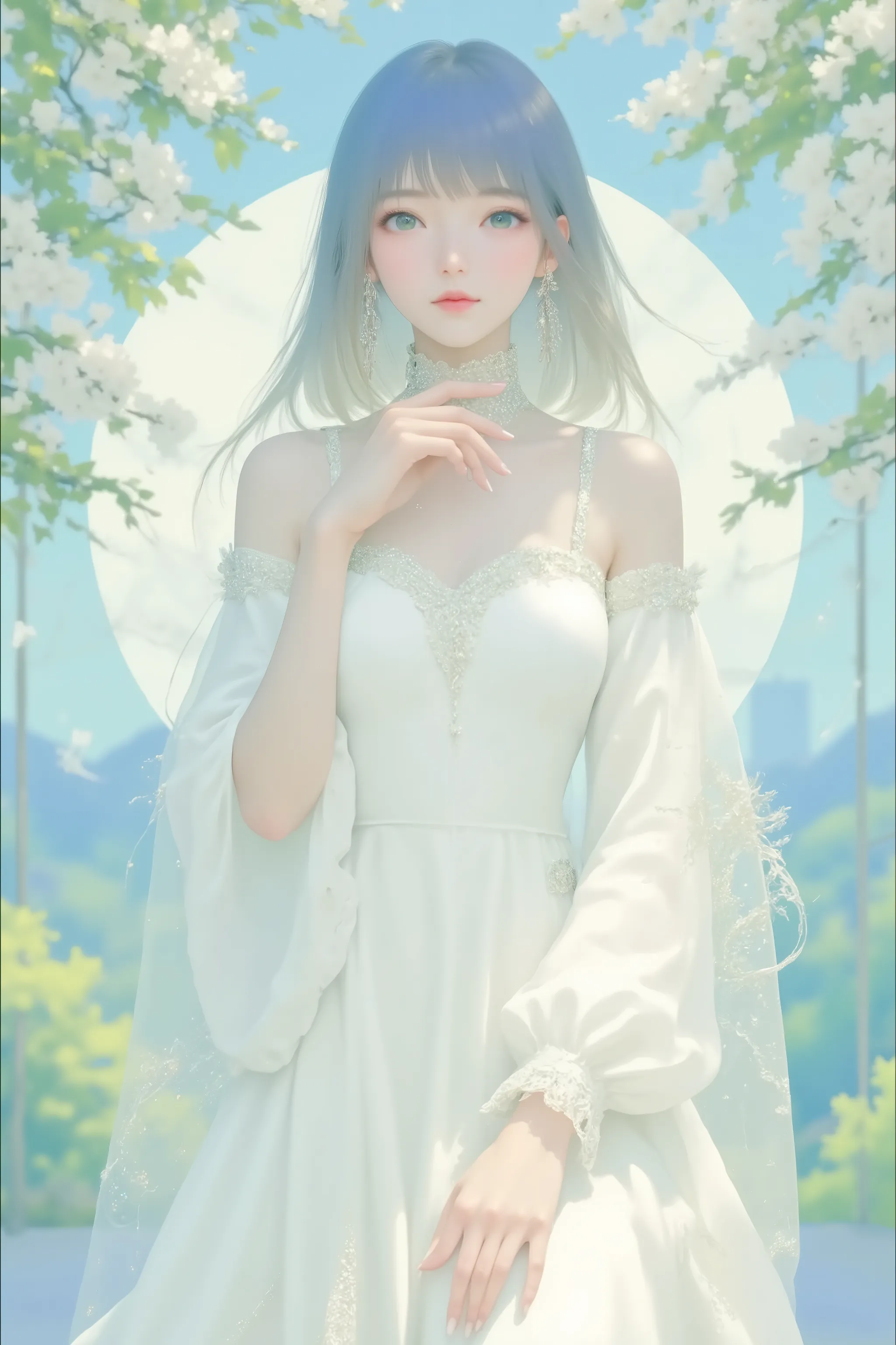 (masterpiece, best quality: 1.2), (Ultra-realistic:1.2),(Ultra-Details),(secret colorful forest like fairy live), (pure white dress),(nude color high heels),beautiful woman like a princes,20years old,gentle smile, black hair,red lips,brown eyes,beautiful s...