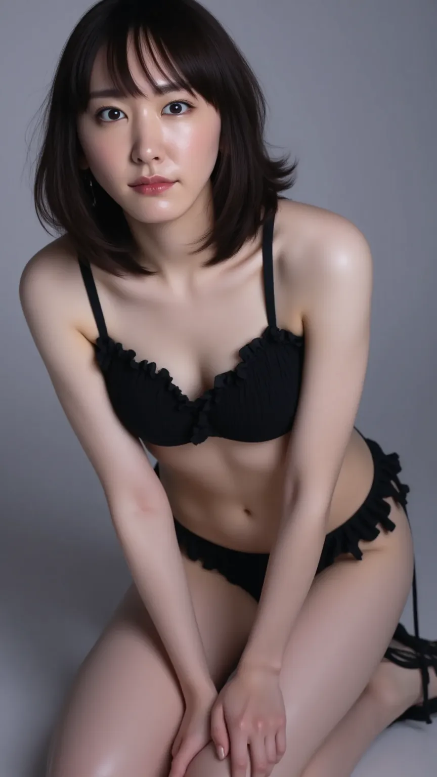 (8k, RAW photo, Best Quality, masterpiece:1.2). (realistic, realistic), 1 girl, ((Black bikini , frills, big breasts, front view.  stage, kneel)).  lots of eyelashes, glowing eyelids,  is skeletal correct 