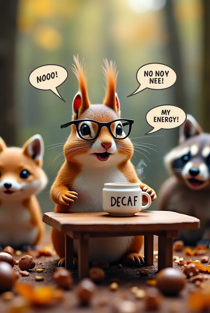 Here’s a fun and quirky prompt for a funny image:

---

**Prompt:**  
"A startled squirrel holding a cup of coffee, wearing tiny reading glasses that are slightly askew. The squirrel is seated at a miniature wooden table in a forest, surrounded by fallen l...