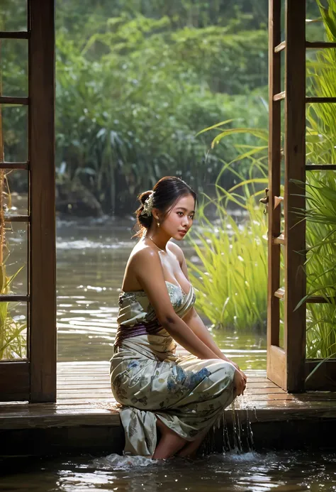 (masterpiece, best quality:1.2), 1girl, solo, sarong_dress, ((2)), Photo of Pretty Indonesian woman with big breast and sensual pose, ponytail, wooden wet bedroom, sitting, 
A serene and artistic depiction of a woman in a natural inndoor water setting, spl...