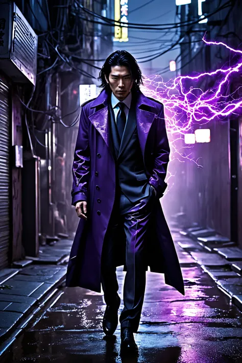 Cyberpunk, futuristic, Handsome japanese man, dark and brooding, black trench coat, business suit, purple arcs of electricity coming from their suit, , long dark black hair, stubble beard, bionic arms, organic body, organic legs, walking down a dimly lit a...