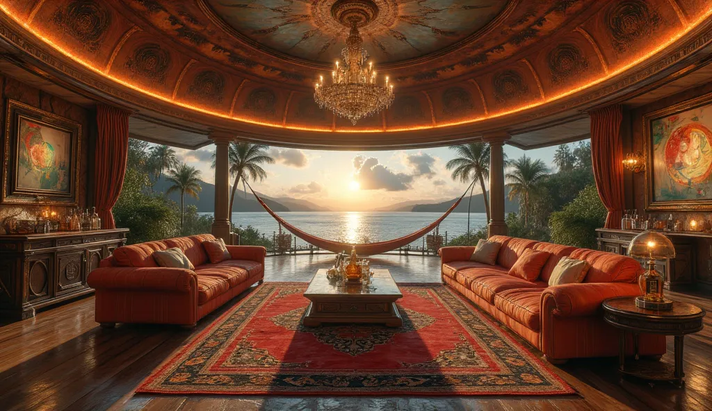 camera vue de coté ((d'un très très grand salon en courbe de style cubain avec des bouteilles de vieux rhum, des cigards et un hamac)) avec vue panoramique sur la baie de cuba, inspiré par Dennis Fremont, ((wide-angle)), Architecture impressionnante, ((che...