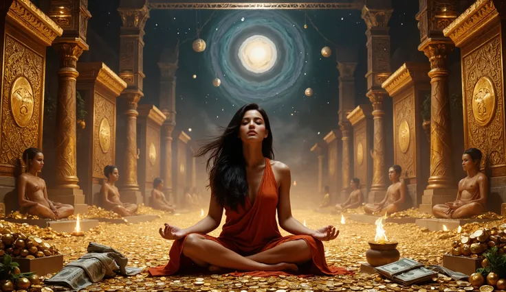 A woman with black hair, around 30 years old, meditating in a temple full of gold coins and money , with a galaxy in the background