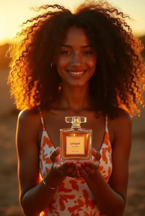 A mesmerizing portrait of a beautiful, in full body, king, curly hair , Brazilian woman illuminated by the soft golden light of a quiet morning, holding a vibrant "unique"  name scent gently framing her delicate shape. happy wearing the perfume as if she w...