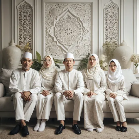 Indoor formal photo. Five Asian family members: a 65-year-old grandfather with smooth skin wearing a white peci, a 60-year-old grandmother wearing a hijab, a 35-year-old man wearing a white peci, a 30-year-old woman wearing a hijab and glasses, and a  girl...