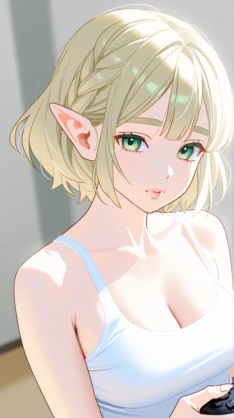 Princess Zelda in the real world, Elegant white tank top, Elegant tight tank top with thin straps, Real-world clothes, Normal hair from the real world, curled and short blond hair, Ears from the real world, naturally beautiful lips, discreet and naturally ...