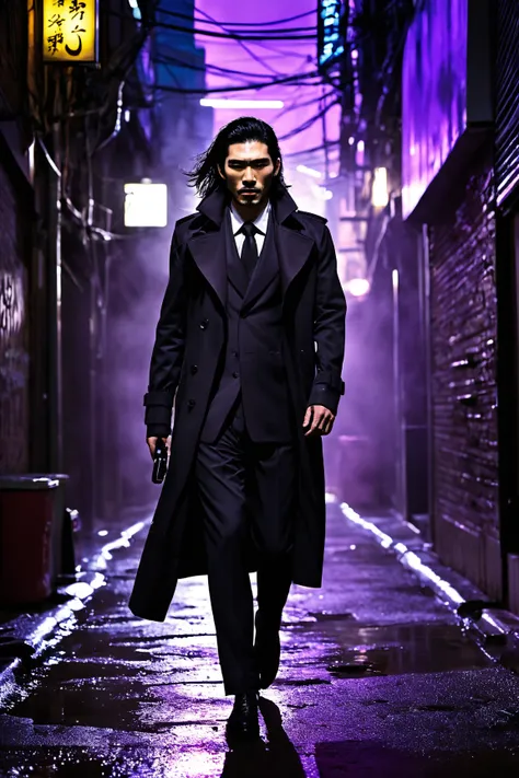 Cyberpunk, futuristic, Handsome japanese man, dark and brooding, black trench coat, business suit, purple arcs of electricity coming from this suit, leather gloves on hand, shadows darkening facial features, long dark black hair, stubble beard, bionic arms...