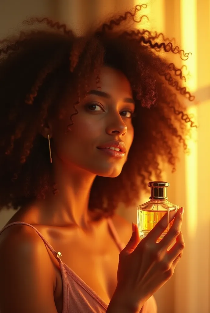 A mesmerizing photograph of a beautiful woman experimenting with a perfume, king, curly hair , Brazilian woman illuminated by the soft golden light of a quiet morning, holding a vibrant "unique"  name scent gently framing her delicate shape. Happy wearing ...