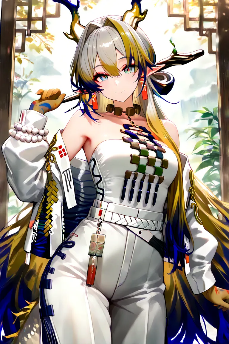 (masterpiece), ((Best Quality)), cowboy shot, 1 girl, smile, looking at viewer, Shu\(arknights\), aksh, medium breasts, colored extremities, pointy ears, eastern dragon horns, multicolored horns, white horns, yellow horns, blue horns, eastern dragon tail, ...