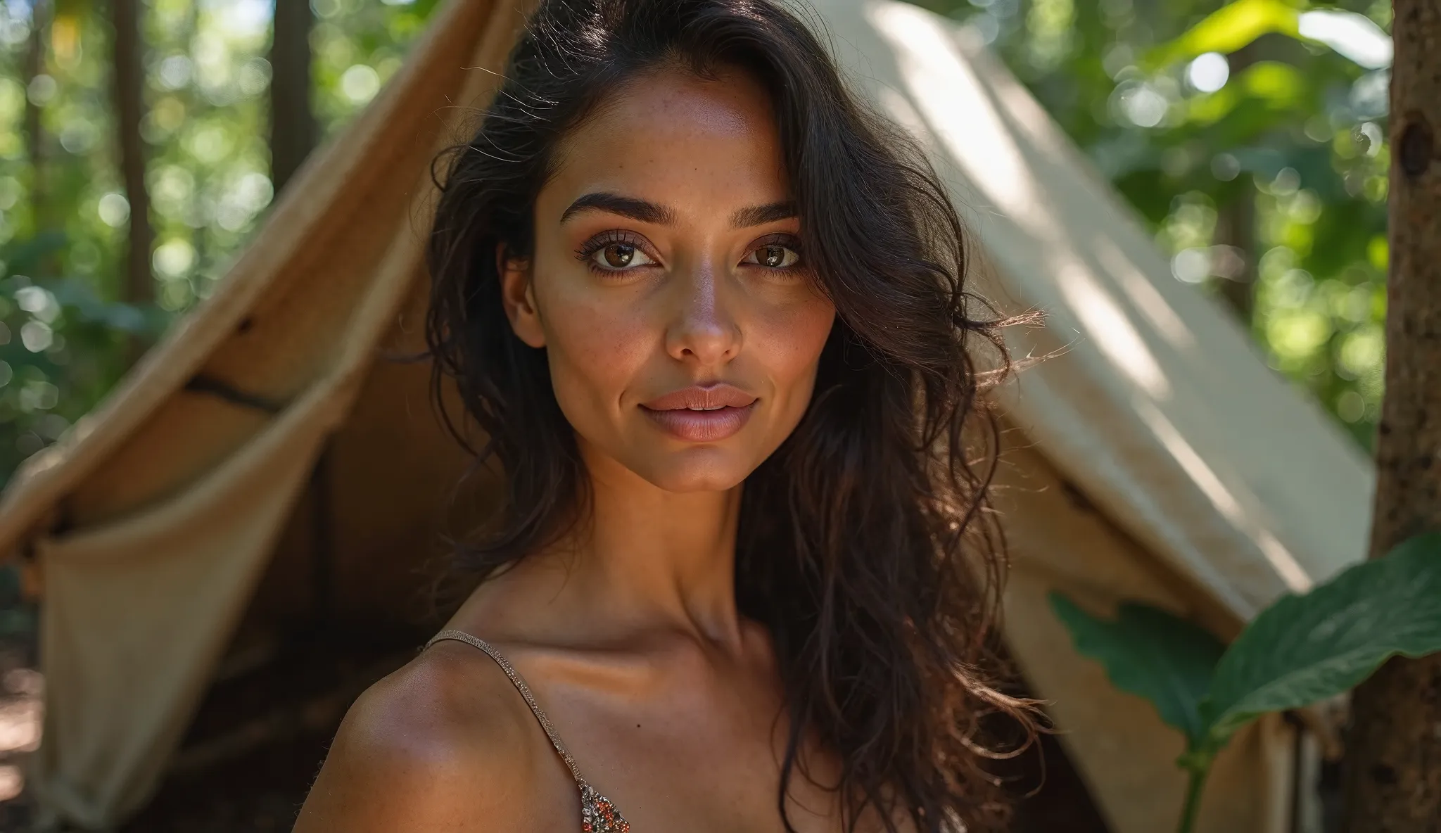 A high-resolution professional photograph of a beautiful woman with exotic features, captured in a close-up shot against the backdrop of a canvas tent in a lush tropical rainforest. Her deep, expressive eyes and flawless sun-kissed skin are illuminated by ...