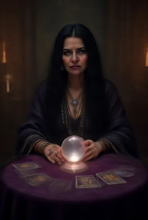 A mysterious and enigmatic fortune teller is seated at a small, round wooden table covered with a deep purple velvet cloth. The fortune teller, a middle-aged woman with long, wavy black hair adorned with silver and gold beads, is wearing a long, dark gown ...