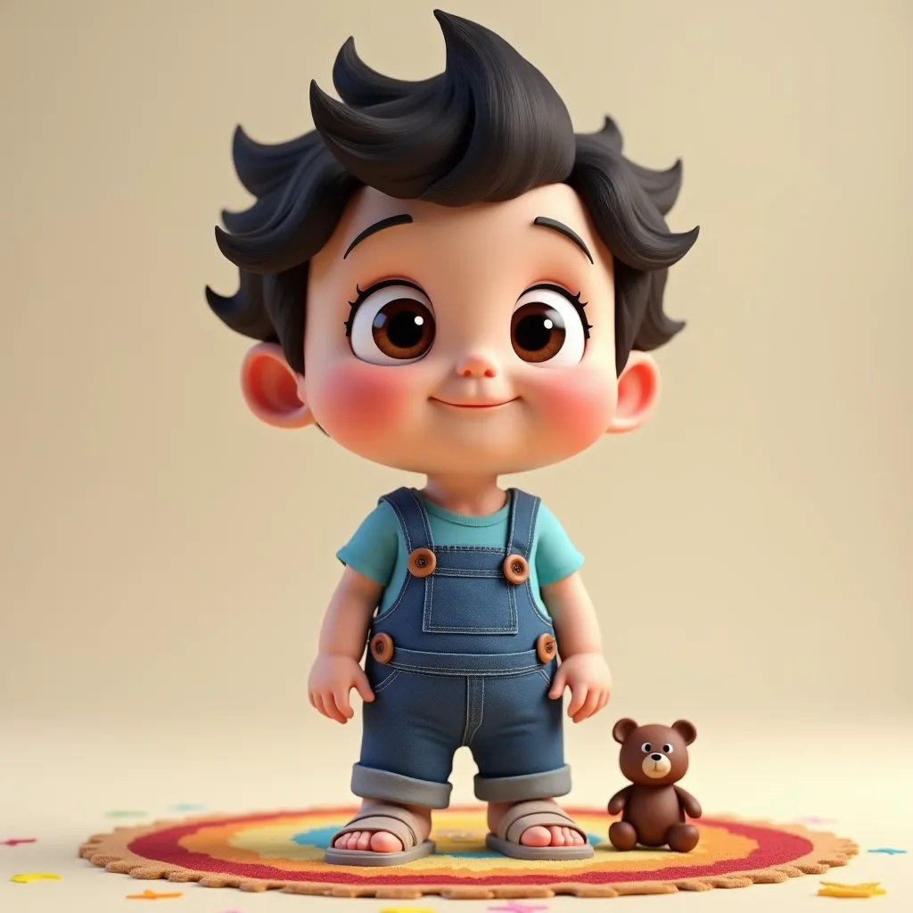 Create a stylized 3D Cartoon style white baby with curious expression, big shiny eyes, Very dark hair HALF wavy upwards, The hands are very full and so are the cheeks. He wears an outfit consisting of a vibrant blue t-shirt and a denim jumpsuit with brown ...