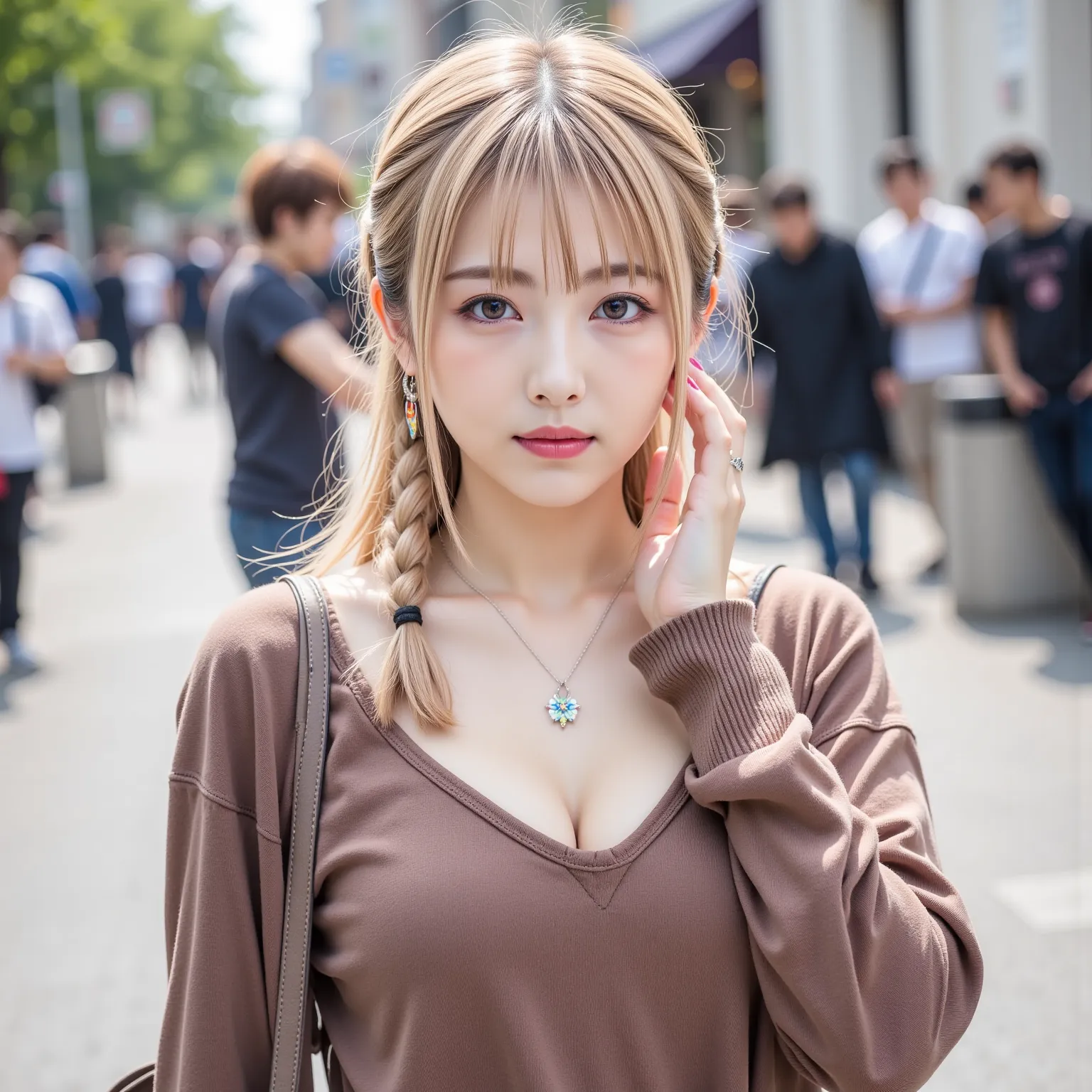 ((8K wallpaper)),((blond hair)),((braided ponytail)),((big breasts,Big Breasts)),((dark eyeshadow pink with dark orange lipstick)),(( beautiful Japanese girl)),((Intelligent Glasses)),((street corner background )),((colorful manicure for nails)),((earrings...