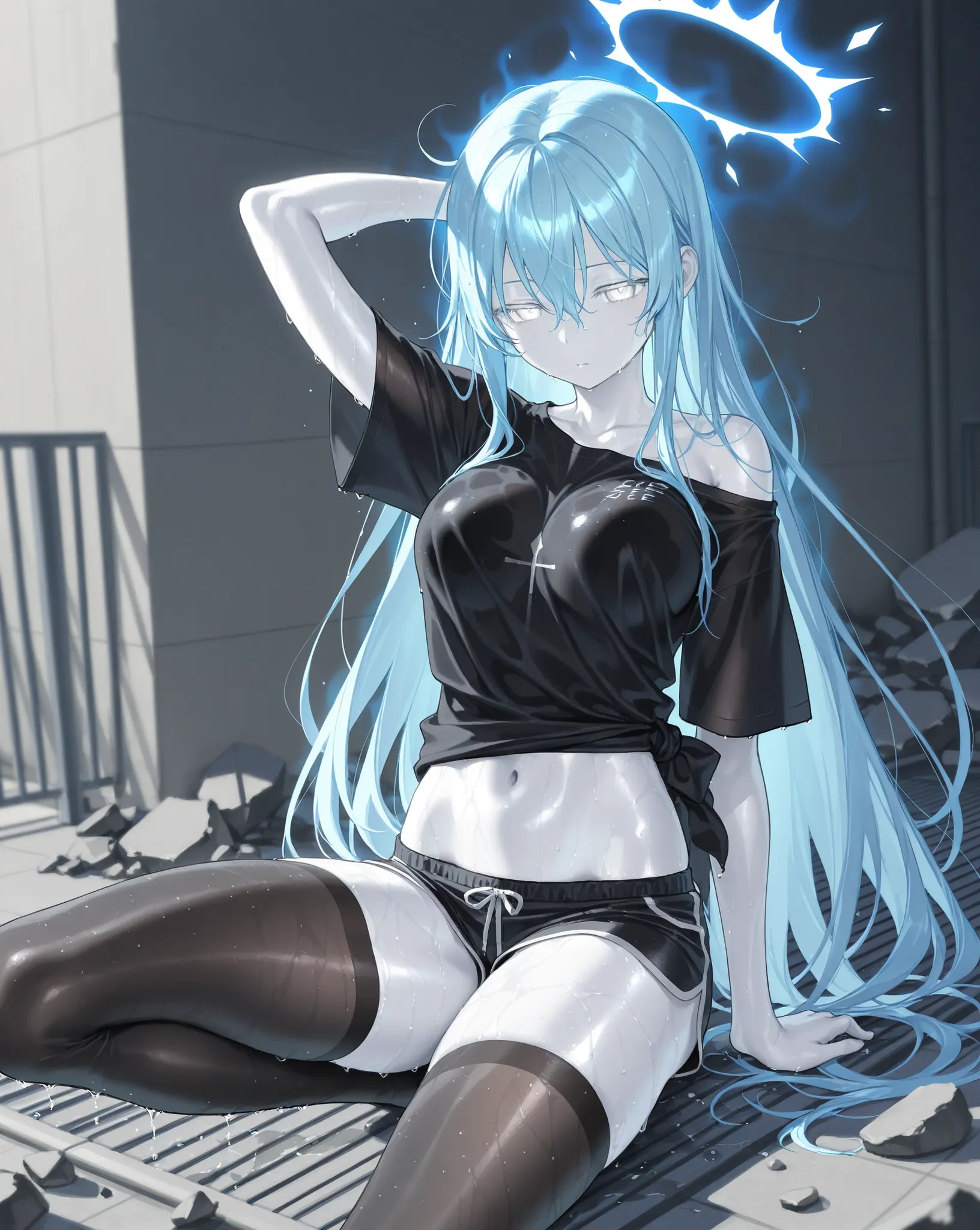 best image quality、Hi-Res、 Diamond Blue Hair 、white eyes、、rooftop、  BLACK HIM T-SHIRT 、beautiful breasts、  best thighs、Blue aura、 long hair、best image quality、floating rubble、black shorts、 white skin、 the royal family、、Straight face、Waking up、Bedhead、 blac...