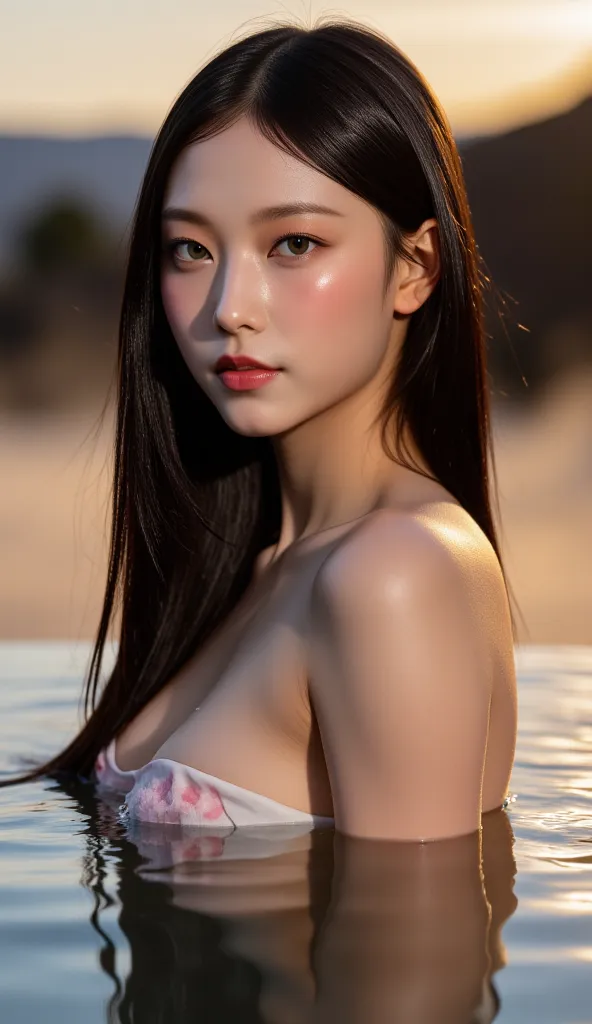 a picture of a beautiful hot spring woman gracing the cover of a hot spring magazine、Sideways angle shot、The posture of not wearing clothes, holding up to the shoulder in the bathtub and looking up、((Upstyled hair with beautiful black hair lightly gathered...