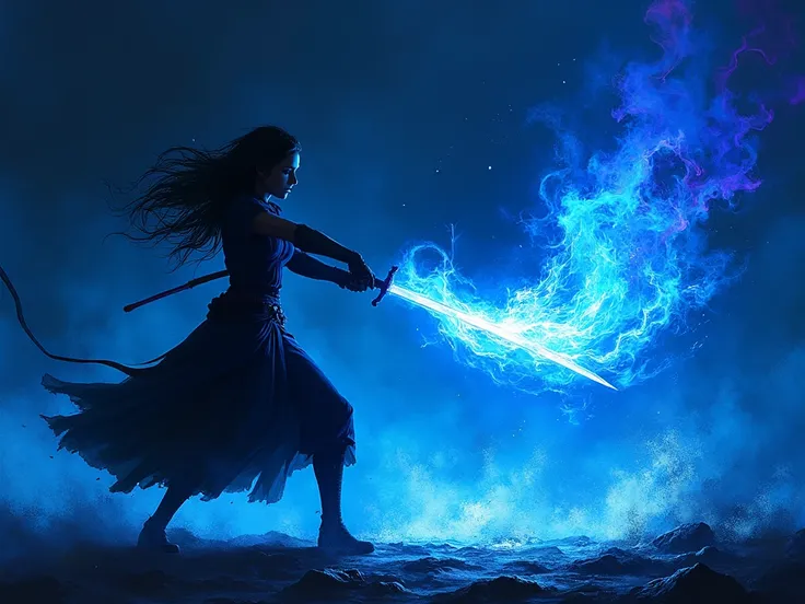 Black silhouette of a woman, sword swing pose, large lazure flame storm erupts from blade, dark background, minimalist impressionist