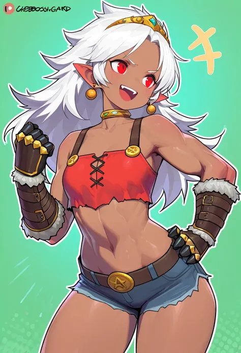 gorgeous Dungeons and Dragons gnome girl, short stature, petite, short girl, badass girl, pointy ears, long hair, white hair, vibrant red eyes, dark skin, athletic tomboy, Barbarian girl, muscled girl, colorful shirt top, laughing, super hero pose, cute an...