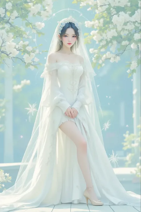 (masterpiece, best quality: 1.2), (Ultra-realistic:1.2),(Ultra-Details),(secret colorful forest like fairy live), (pure white dress),(nude color high heels),beautiful woman like a princes,20years old,gentle smile, black hair,red lips,brown eyes,beautiful s...